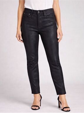 7 For All Mankind High Waist Cropped Straight Black Jeans Coated w/ Sheen, 32
